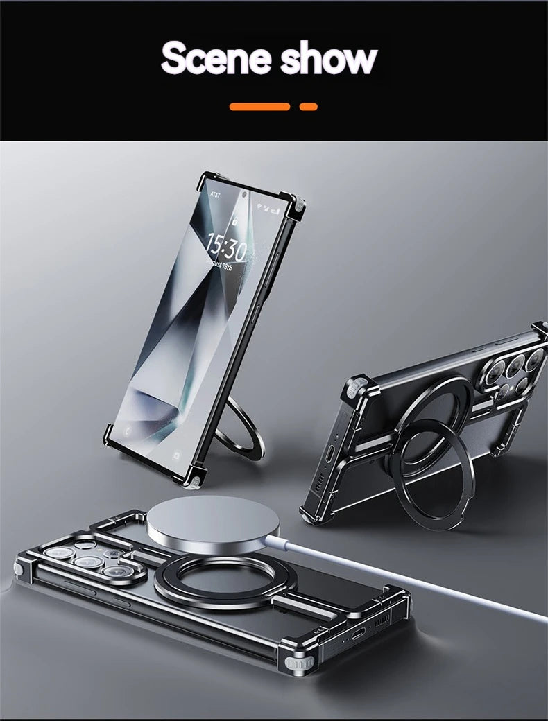Magnetic Metal Phone Case for Samsung Galaxy S24/S23 Ultra – Aluminum Alloy Frameless Bumper with Finger Ring