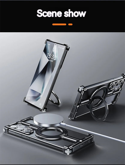 Magnetic Metal Phone Case for Samsung Galaxy S24/S23 Ultra – Aluminum Alloy Frameless Bumper with Finger Ring