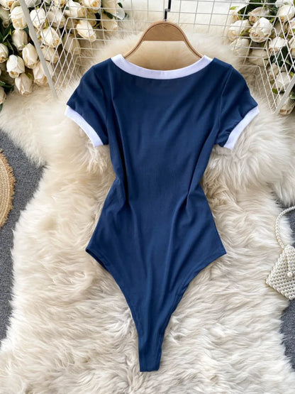 Foamlina Women’s Short Sleeve Knitted Bodysuit – Summer Slim Fit Color Block Embroidered O-Neck Top Jumpsuit