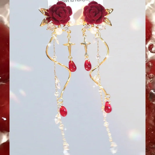 French Red Rose Tassel Earrings - Elegant Flower Zircon Dangle Jewelry for Bridal Weddings & Parties