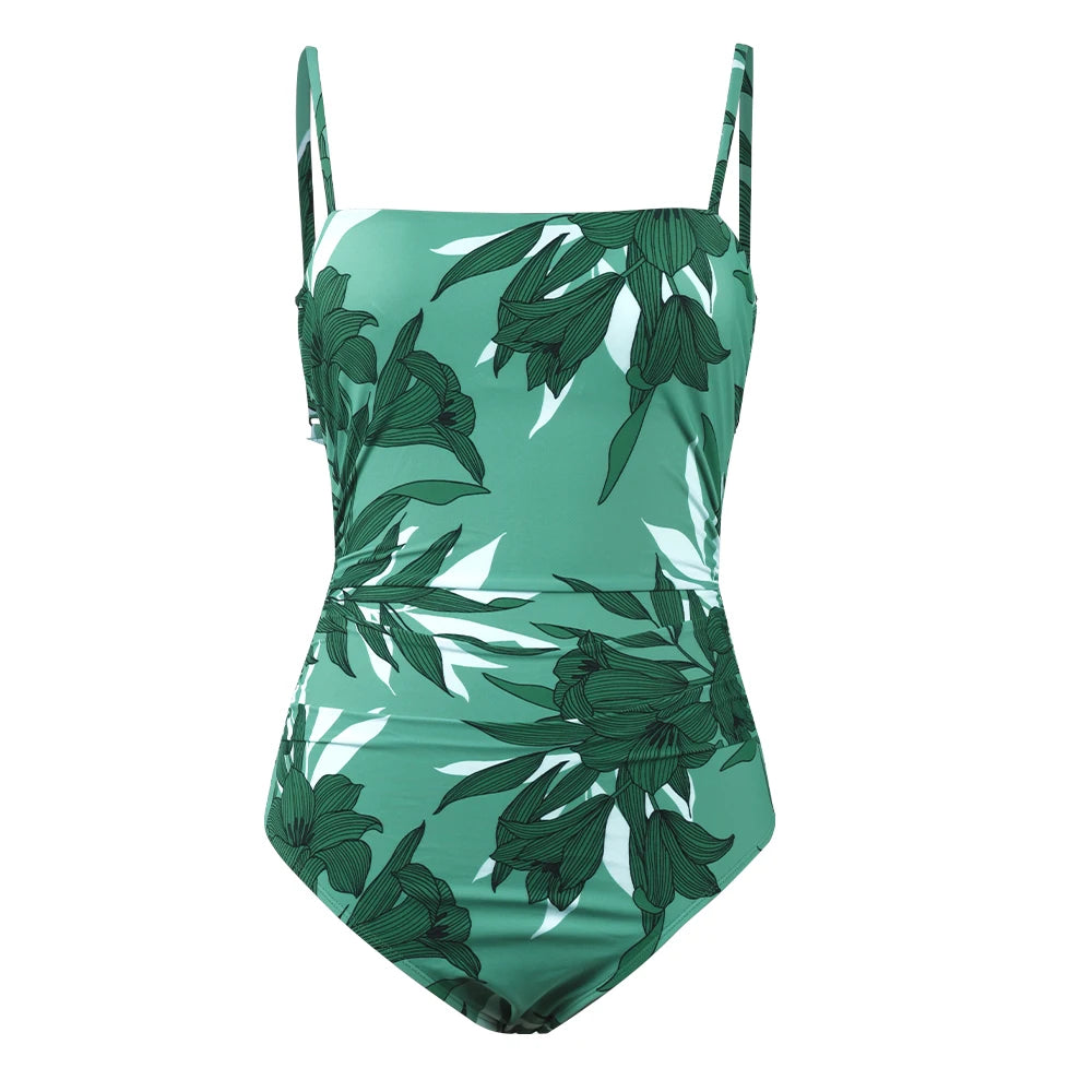 CUPSHE Leaf Print Square Neck One-Piece Swimsuit for Women – Sexy Backless Shirred Monokini Swimwear 2023 Beach Bathing Suit