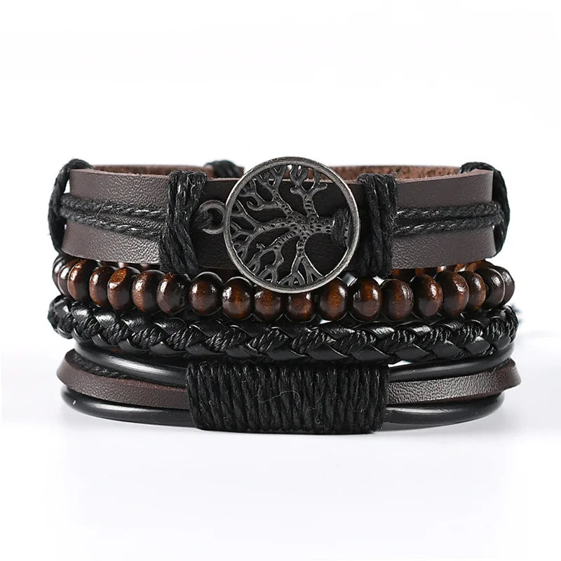 4Pcs Men's Braided Leather Bracelets Set – Vintage Life Tree & Rudder Charms, Wood Beads, Ethnic Tribal Wristbands
