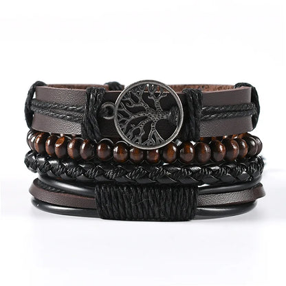 4Pcs Men's Braided Leather Bracelets Set – Vintage Life Tree & Rudder Charms, Wood Beads, Ethnic Tribal Wristbands