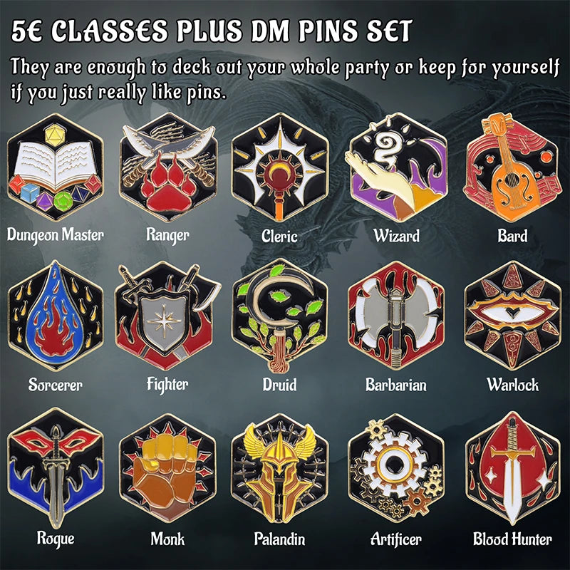 DND 5E Character Class Enamel Pin Set - 15 Piece Tabletop RPG Badges for Gamers & Collectors