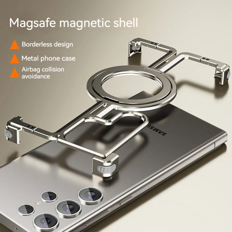 Magnetic Metal Phone Case for Samsung Galaxy S24/S23 Ultra – Aluminum Alloy Frameless Bumper with Finger Ring