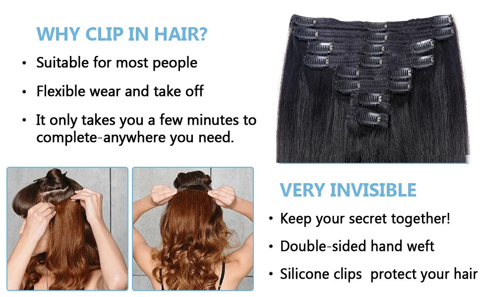 Kinky Straight Clip-In Hair Extensions – 100% Real Human Hair, Natural Black, 8 Pcs/120g, Full Head Brazilian Remy