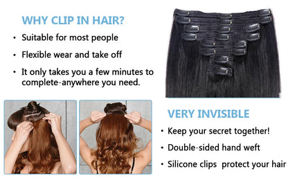 Kinky Straight Clip-In Hair Extensions – 100% Real Human Hair, Natural Black, 8 Pcs/120g, Full Head Brazilian Remy