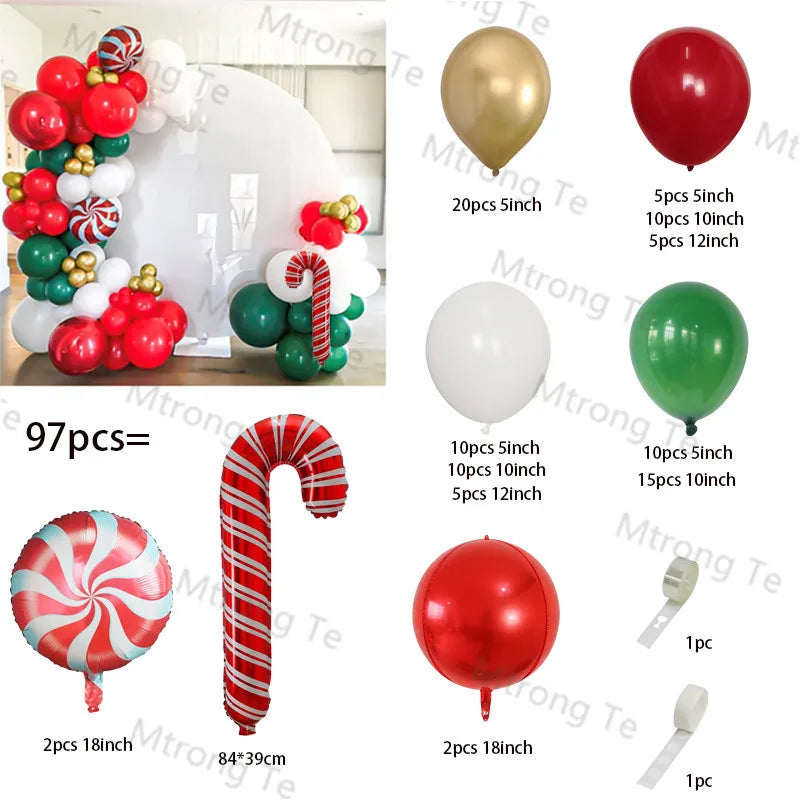 Christmas Balloon Garland Arch – Red & Green Balloons, Star, Santa, and Gift Box Foil Balloons for Xmas and New Year Decoration