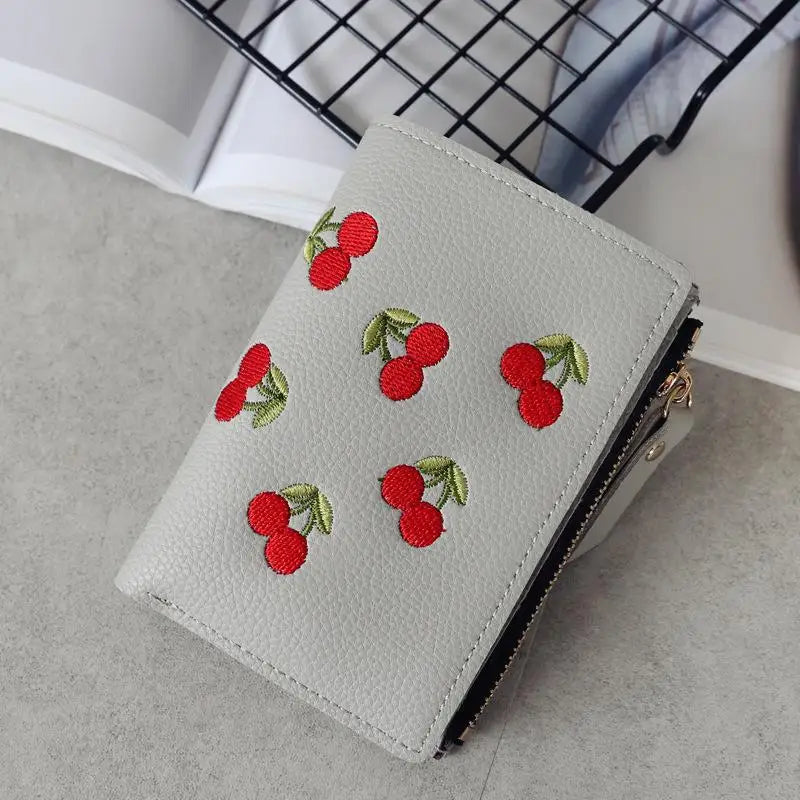 Women’s Cherry Embroidered Short Wallet – Simple Vertical Buckle Zipper Purse for Girls