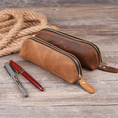 Vintage Leather Pencil Bag – Simple Zipper Pen Case & Stationery Holder Pouch for School Supplies, Glasses & Storage