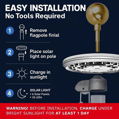 Solar LED Flagpole Light - IP65 Waterproof Auto On/Off Outdoor Landscape Lamp for Garden, Patio and Camping