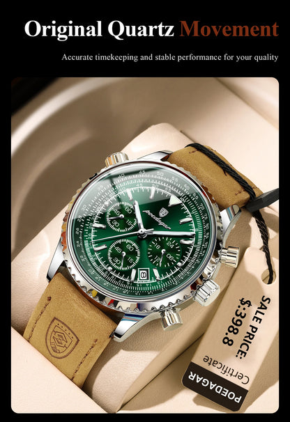 POEDAGAR Luxury Men's Quartz Watch Waterproof Luminous Date Chronograph Leather Military Sports Wristwatch