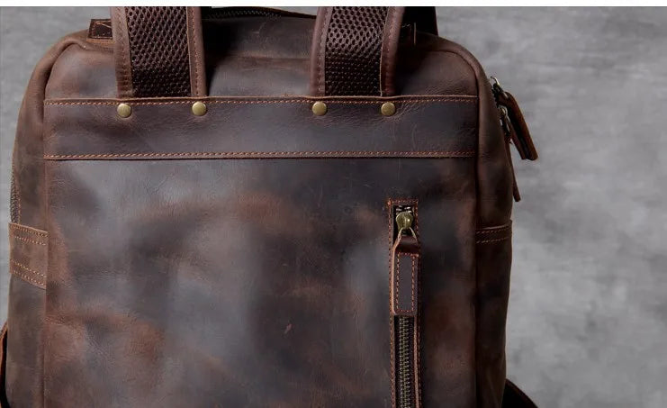 Vintage Crazy Horse Leather Backpack for Men — 17" Laptop Travel Rucksack Cowhide Hiking Bag M815