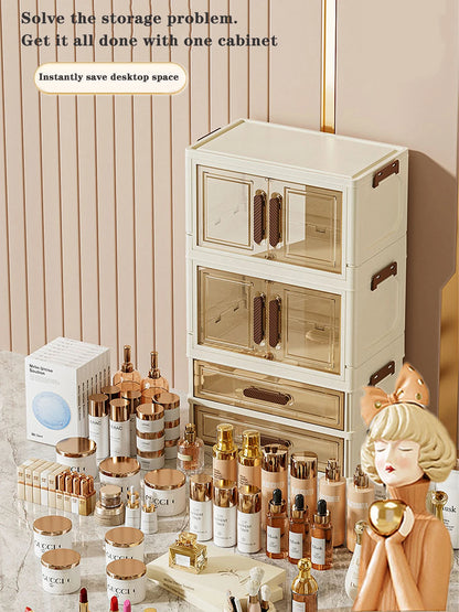 Foldable Transparent Cosmetic Organizer — Multi-Layer Drawer-Style Desktop Beauty Storage Box, Dustproof Makeup Organizer