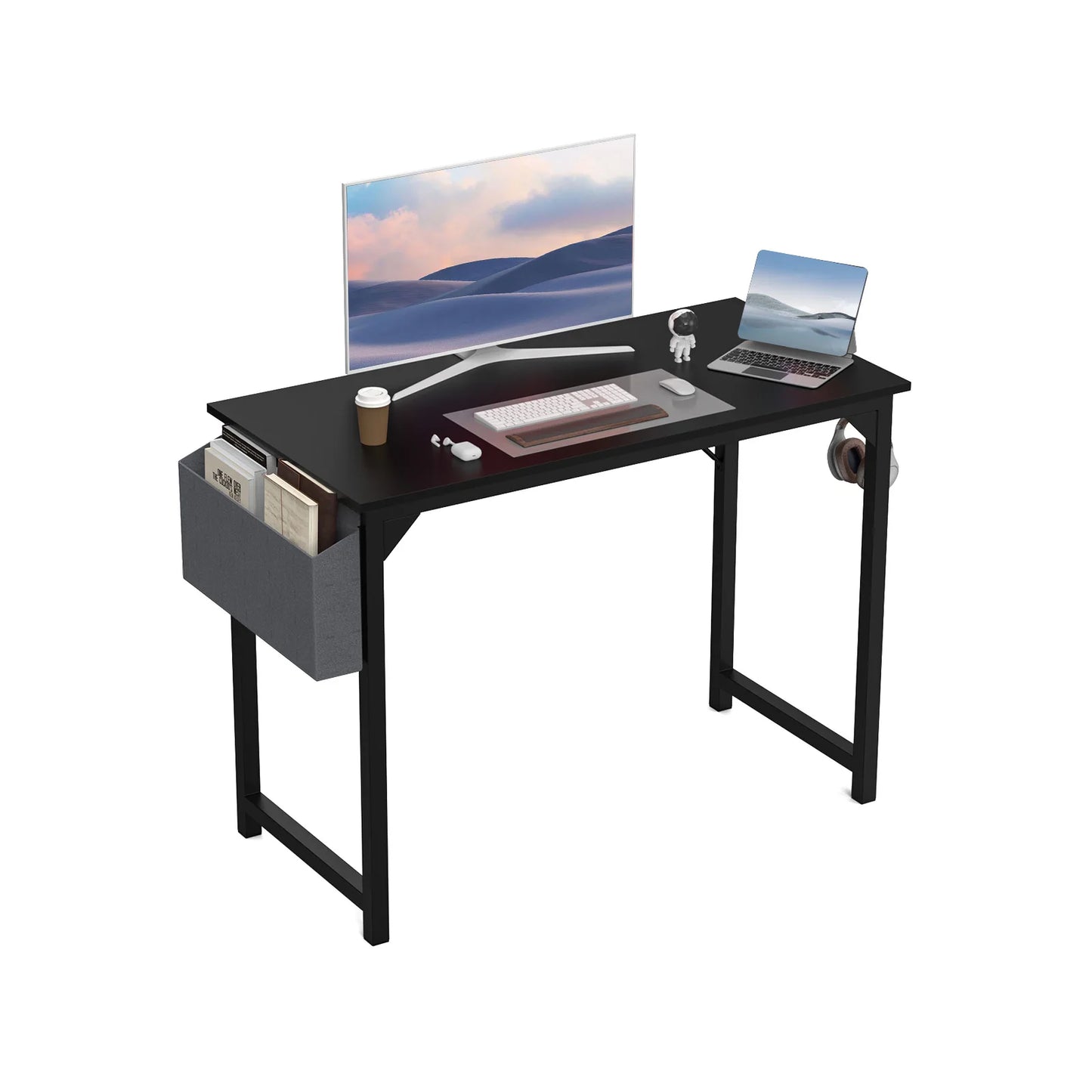 Computer Desk – Modern Compact Writing & Gaming Table with Side Bag, Headphone Hook, Easy Assembly