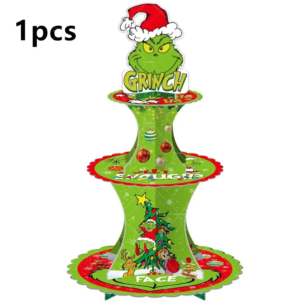 Grincs Christmas Party Balloon Decoration Set – Merry Xmas Banner Cake & Disposable Tableware Supplies Green Red
