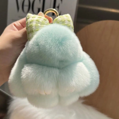Cute Fluffy Bunny Fur Keychain – Plush Pom Pom Bag Charm and Car Key Ring with Hair Bow
