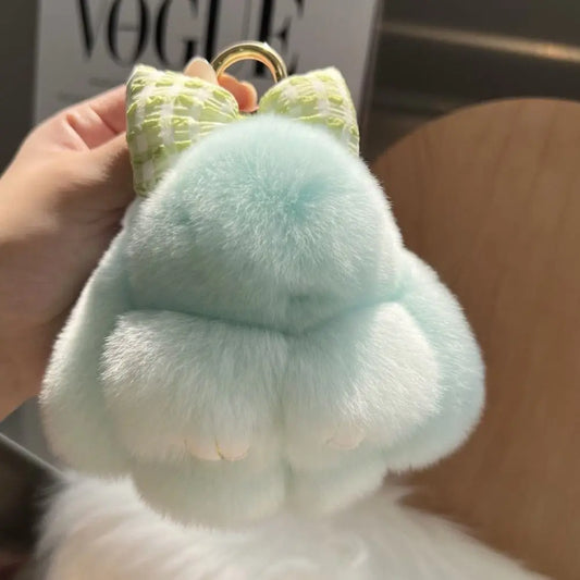 Cute Fluffy Bunny Fur Keychain – Plush Pom Pom Bag Charm and Car Key Ring with Hair Bow