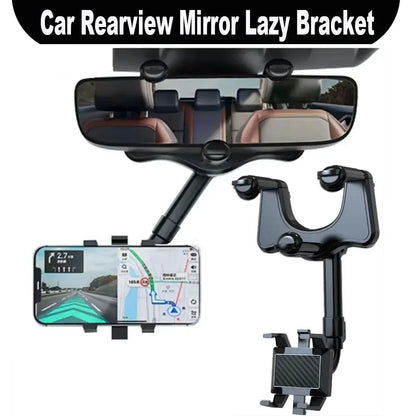 360° Adjustable Car Rearview Mirror Phone Holder - Retractable GPS Mount Clip for Mobile Devices