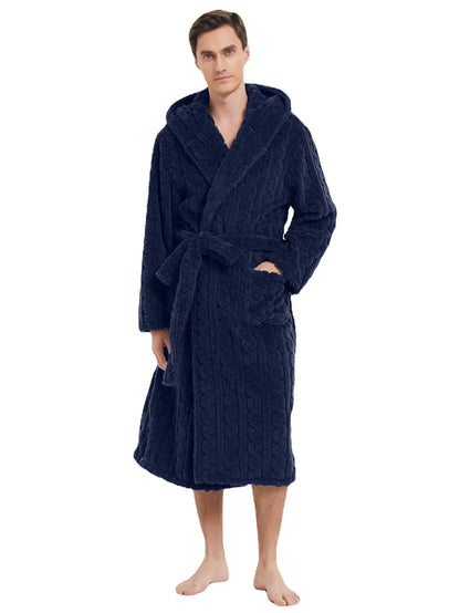 Men’s Fall & Winter Warm Hooded Robe – Thickened Cotton Velvet Jacquard Homewear for Couples