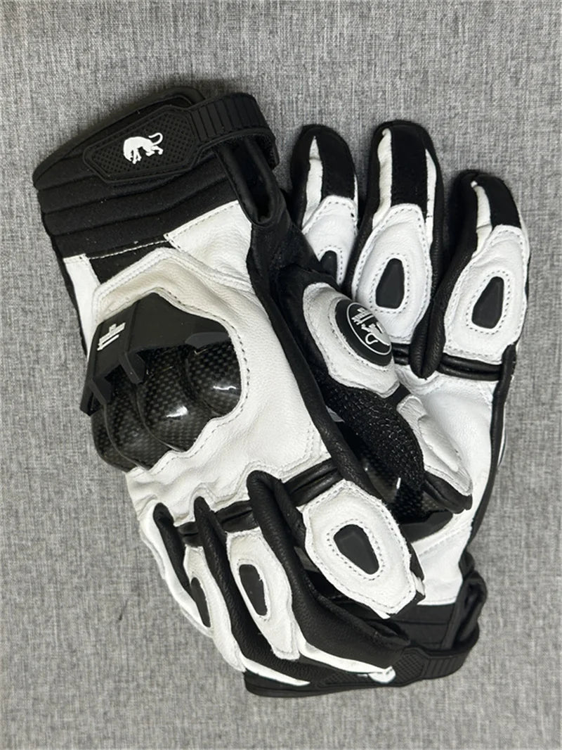 Motorcycle Gloves – Black Racing Genuine Leather, White Road Riding Team Gloves for Men, Summer & Winter with Touch Screen Compatibility