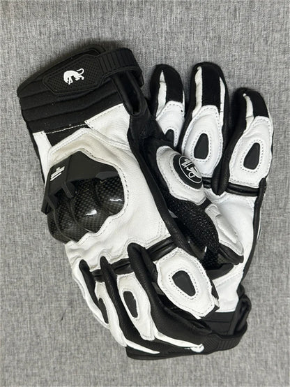 Motorcycle Gloves – Black Racing Genuine Leather, White Road Riding Team Gloves for Men, Summer & Winter with Touch Screen Compatibility