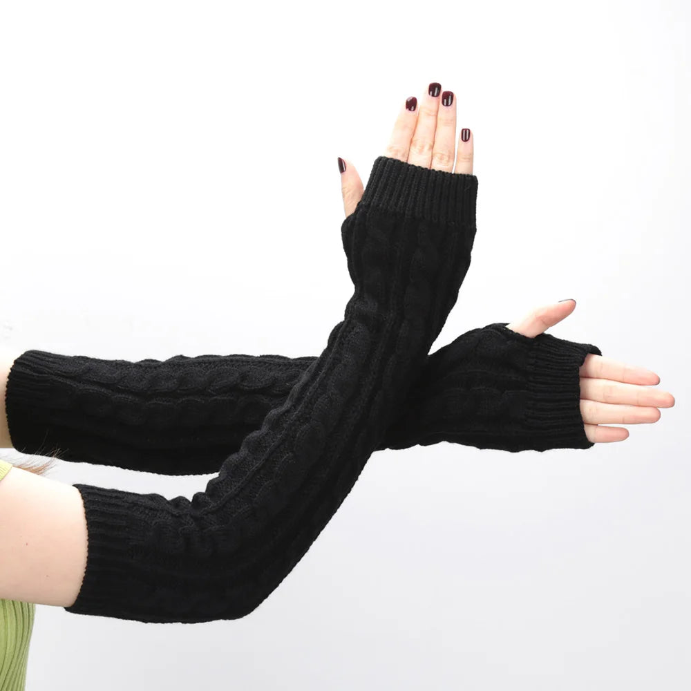 Women’s Knit Long Fingerless Gloves – Over Elbow Arm Warmers Wrist Sleeves, Fashion Half Hand Mittens for Casual & Gothic Style (Black)