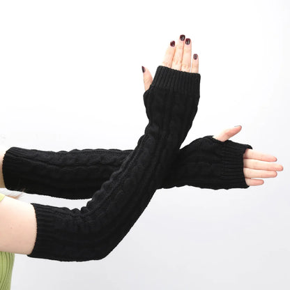 Women’s Knit Long Fingerless Gloves – Over Elbow Arm Warmers Wrist Sleeves, Fashion Half Hand Mittens for Casual & Gothic Style (Black)