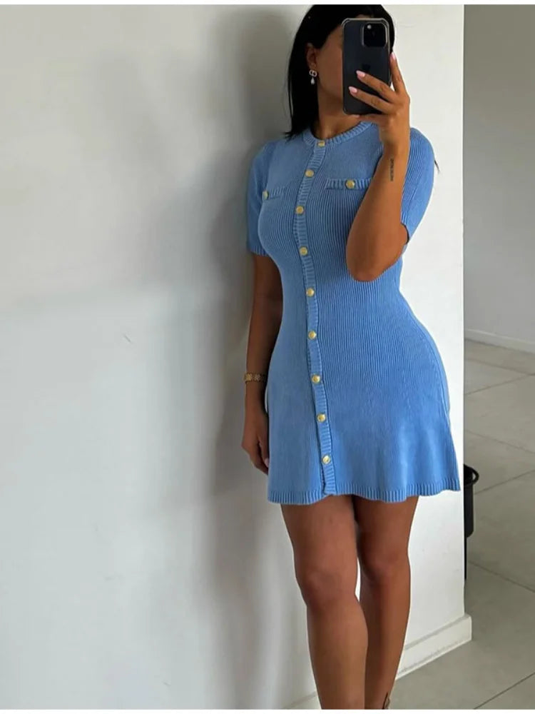 2025 New Women’s Knit Slim Mini Dress – Elegant Single-Breasted Solid Color Office & Daily Commuting Vestido