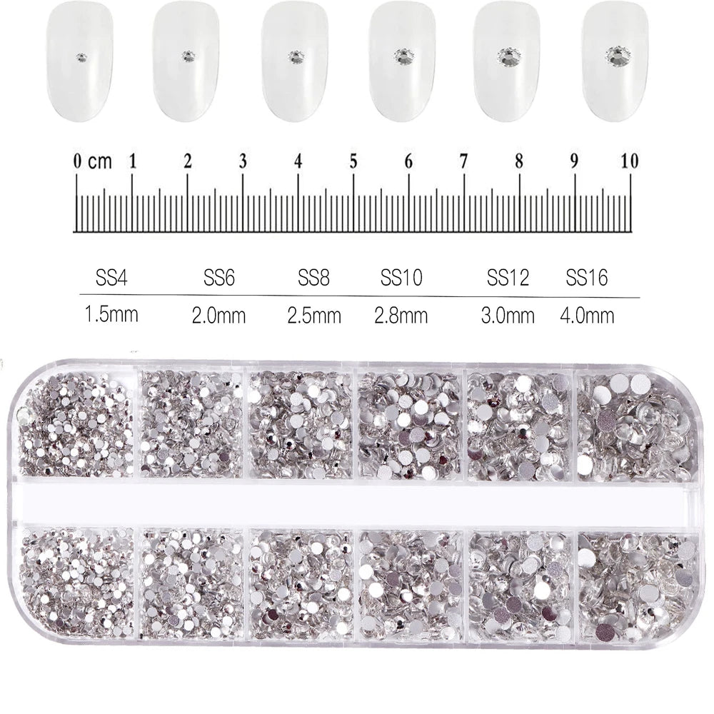12-Grid 3D Glass AB Crystal Nail Art Rhinestones Kit – Flatback Round Beads with Tools for Nail Jewelry & Diamond Decoration