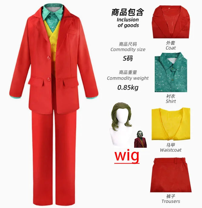Joker Cosplay Costume Set - Arthur Fleck Red Suit with Green Wig for Halloween & Costume Parties