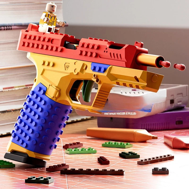 Building Block Shell Ejecting Toy Gun – Blowback Continuous Firing Airsoft Style Pistol for Outdoor Play & Collectors