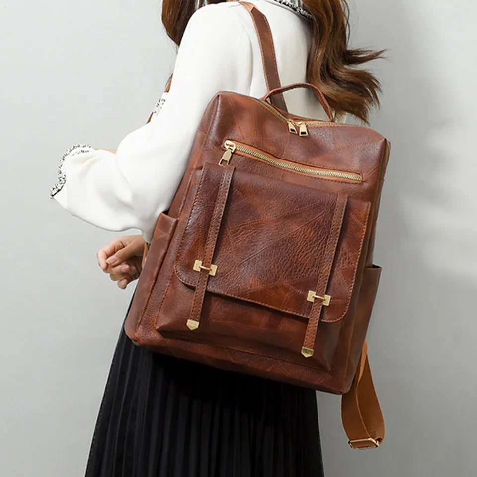 Trendy Women's Vintage PU Leather Backpack - Brown Daypack, Casual Travel and Retro Student School Bag