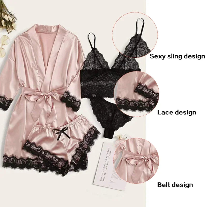4 Piece Women's Sleepwear Pajama Set – Sexy Lace Lingerie, Silk Satin Bathrobe, Nightwear Robe for Home Clothed Comfort