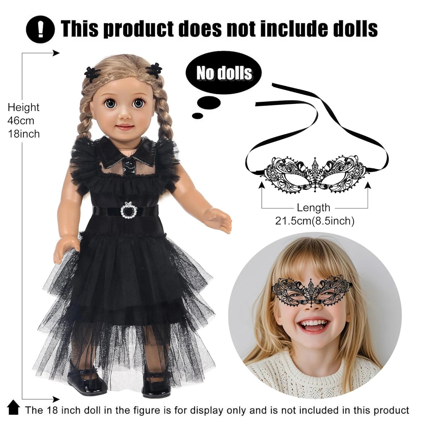 18-Inch Girl Doll Halloween Dress – Wednesday Outfit for 43–45cm American Girl Dolls, Skirt & Toy Gift Set