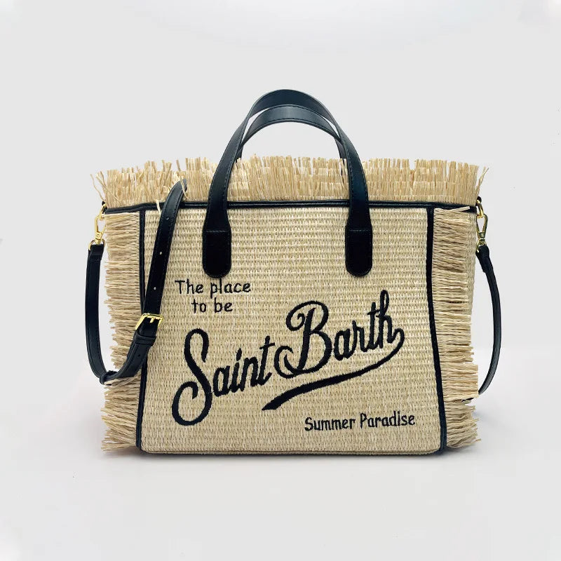 SAINT BARTH Houndstooth Crossbody Bag – Small Cotton Linen Handmade Tote with Tassels for Women