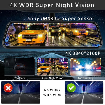 10" 4K Dash Cam Car DVR – 3840x2160P, CarPlay, Android Auto, GPS, 5G WiFi, AUX, Rearview Mirror Dash Camera, FM Recorder
