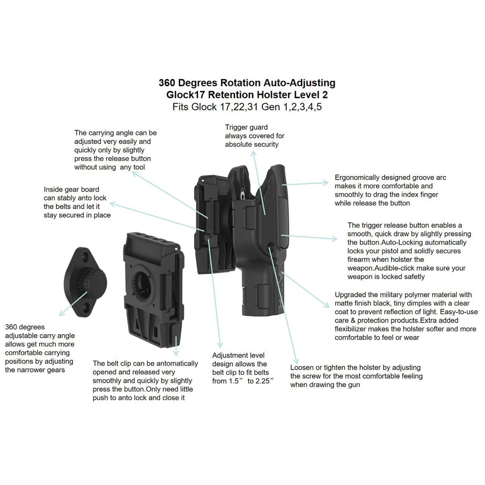 360° Rotating Tactical Holster - Universal Pistol Holder for Sig P320 SP2022 P226 Beretta PX4 Glock 17 19 23