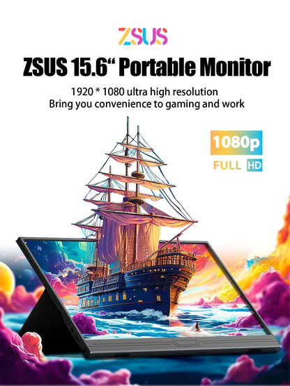 ZSUS 15.6-Inch Portable Monitor – 1080P HDR, 16:9, Low Blue Light for Xbox, PS4/PS5, Switch, Phone & Laptop Extension