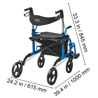 VEVOR 2-in-1 Rollator Walker & Transport Chair – Folding Aluminum Mobility Walker and Wheelchair Combo for Seniors