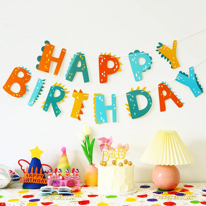 Colorful Happy Birthday Banner – Macaron, Dinosaur & Astronaut Flags for Birthday & Baby Shower Decorations