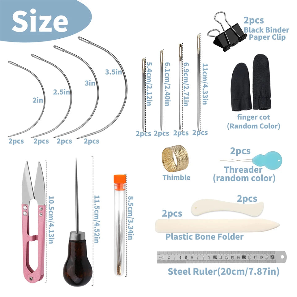 KRABALL Hand Bookbinding Tools Kit — 33/41/49pcs DIY Craft Supplies with Paper Awl, Steel Curved Needles, Ruler & Wax Thread