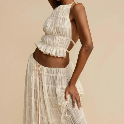 Women’s Boho Sexy Backless 2-Piece Set – Vintage Ruched Halter Cami Top & Maxi Skirt Beach Holiday Party Outfit