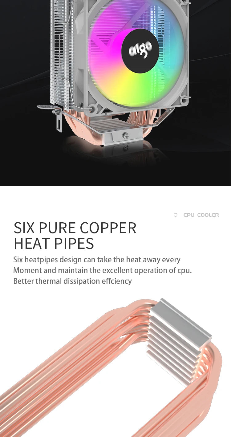 Aigo CPU Cooler — 2/4/6 Heat Pipe Radiator with 3-Pin PWM Silent RGB Fan for Intel LGA 1700/1150/1155/1156/1366 & AMD AM2/AM3/AM4
