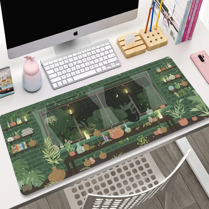 Cute Cat Gaming Mouse Pad - XL Green Plant Design XXL Desk Mat for Keyboard Computer Laptop Gamer Setup