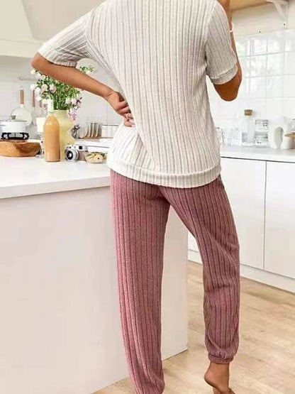 Women’s Heart Print Pajama Set – Short Sleeve Top & Pants Two-Piece Loungewear