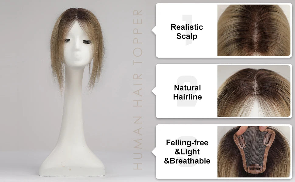 Ombre Blonde Brown 100% Remy Human Hair Topper – Silk Base Clip-In Extension for Women with Hair Loss, 12 Inch