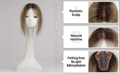 Ombre Blonde Brown 100% Remy Human Hair Topper – Silk Base Clip-In Extension for Women with Hair Loss, 12 Inch