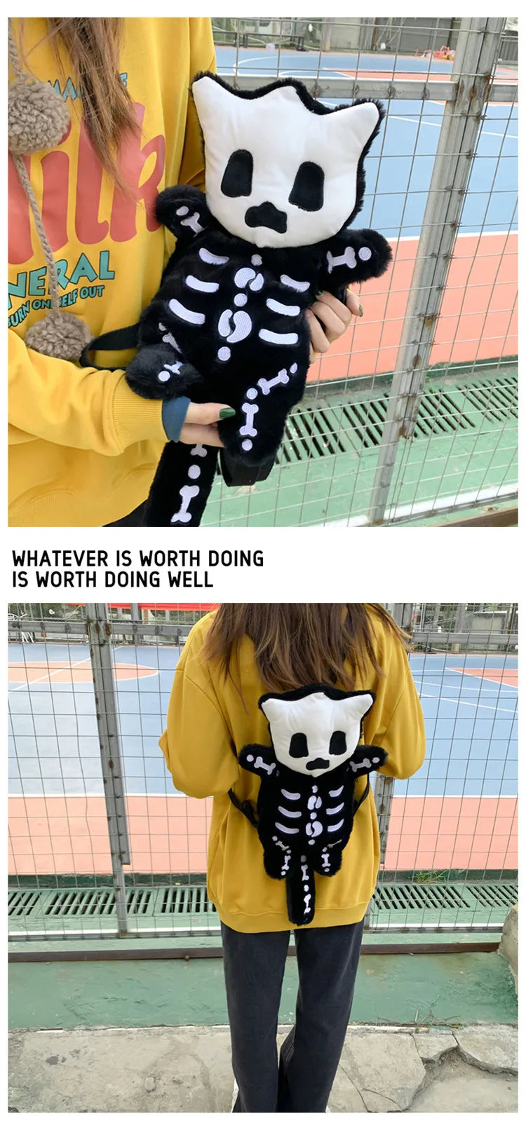Skull Plush Gothic Backpack – Furry Winter Water Bottle Bag, Skeleton Doll Shape for Women, Birthday Gift
