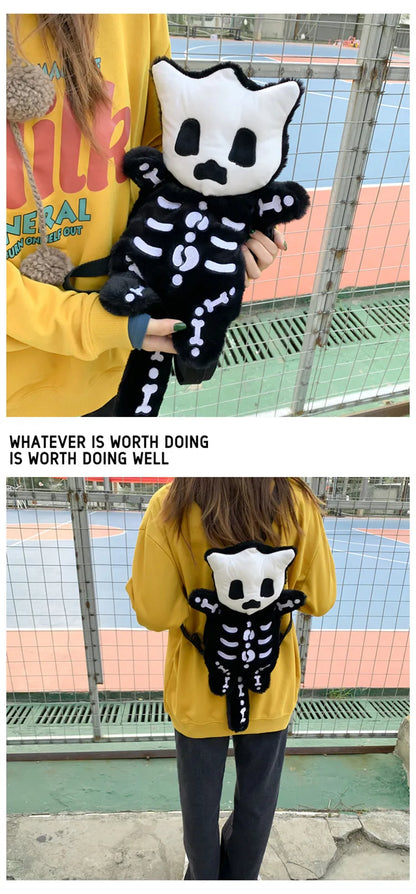 Skull Plush Gothic Backpack – Furry Winter Water Bottle Bag, Skeleton Doll Shape for Women, Birthday Gift